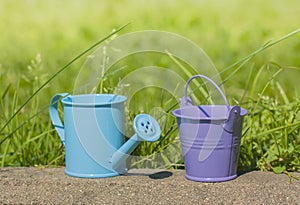 Blue watering can, bucket purple