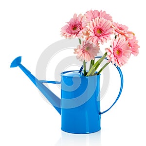 Blue watering can with pink flowers