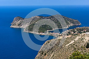 Blue waters in Assos village and beautiful sea bay, Kefalonia, Greece