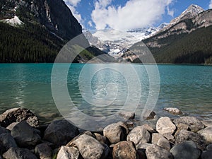 Blue waters of Lake Louise in summer, Banff National Park, Alberta, Canada