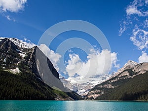 Blue waters of Lake Louise in summer, Banff National Park, Alberta, Canada