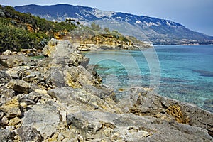 Blue waters of Pesada beach, Kefalonia, Greece photo