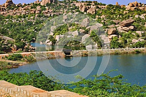 Blue waters of Tungabhadra River in Hampi, India