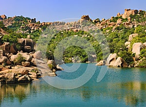 Blue waters of Tungabhadra River in Hampi, India