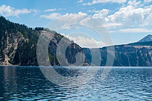 Blue waterscape from Cleetwood Cove at Crater Lake National Park, US