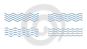 Blue wave icons. Outline curve liquid sign. Simple wavy set in blue color. Flow water swirling. Abstract set of wavy