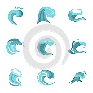 Blue wave icons set, flat style