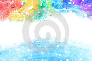 Blue wave and rainbow, natural watercolor paint texture backgrou