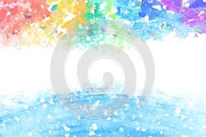 Blue wave and rainbow, natural watercolor paint texture backgrou