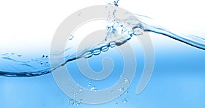 Blue wave water with bubbles in tank on white background, slow motion movement, concept of clean and purity,