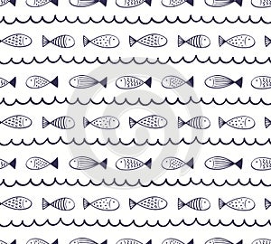 Blue waves, fish simple nautical seamless pattern