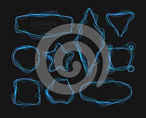 Blue waves frames on black background. Set of sound vibrations borders, abstract soundwaves geometric shapes. Vector
