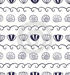 Blue waves, seashells nautical seamless pattern