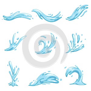 Blue waves and water splashes set, wavy symbols of nature in motion vector Illustrations