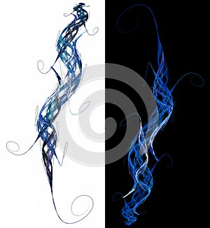 Blue wavy curves weave together and curl at the ends against white and black backgrounds. Set of graphic design elements. 3d