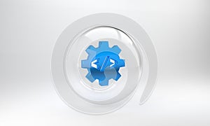 Blue Web design and front end development icon isolated on grey background. Glass circle button. 3D render illustration