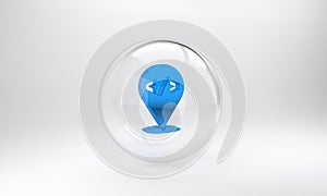 Blue Web design and front end development icon isolated on grey background. Glass circle button. 3D render illustration