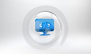 Blue Web design and front end development icon isolated on grey background. Glass circle button. 3D render illustration