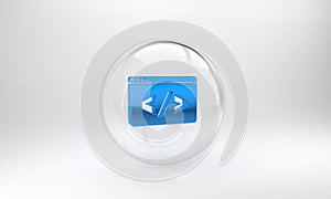 Blue Web design and front end development icon isolated on grey background. Glass circle button. 3D render illustration