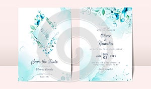 Blue wedding invitation card with watercolor floral decoration and abstract background