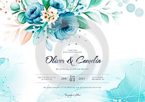 Blue wedding invitation card with watercolor floral decoration and abstract background landscape