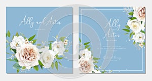 Blue wedding invite, save the date card set. Watercolor flowers bouquet. Editable, floral vector illustration. Neutral, taupe