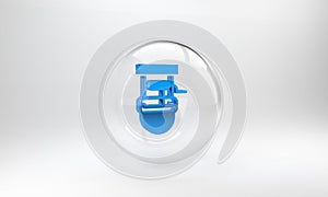 Blue Well with a bucket and drinking water icon isolated on grey background. Glass circle button. 3D render illustration