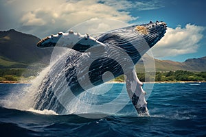 blue whale breaches the ocean\'s surface, defying gravity in a breathtaking display of power and