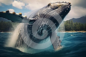 blue whale breaches the ocean\'s surface, defying gravity in a breathtaking display of power and