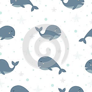 Blue whale Cute cartoon character with marine life Seamless pattern