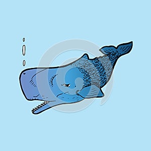 Blue Whale, hand drawn doodle gravure vintage style,vector illustration