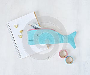 Blue whale pencil case, notes, pens, golden clips and washi tapes