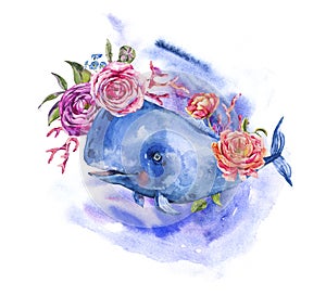 Blue whale with rose, anemones, summer flowers, red coral. Watercolor Nautical greeting card