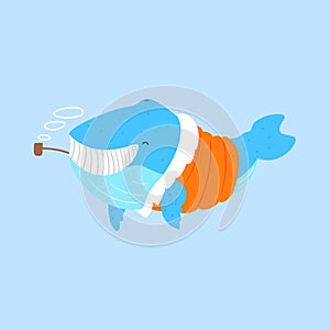 Blue Whale Smoking Pipe In Padded Coat,Arctic Animal Dressed In Winter Human Clothes Cartoon Character