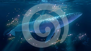 Blue whale swimming underwater illuminated by magical light particles