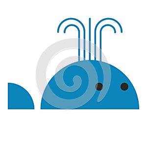 Blue whale with water fountain and round eyes simple cartoon kids illustration in primitive kawaii style, cute animal side view