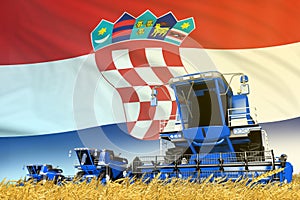 blue wheat agricultural combine harvester on field with Croatia flag background, food industry concept - industrial 3D