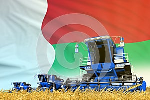 blue wheat agricultural combine harvester on field with Madagascar flag background, food industry concept - industrial 3D