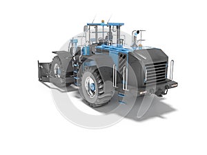 Blue wheel bulldozer for working with stones 3D rendering on white background with shadow
