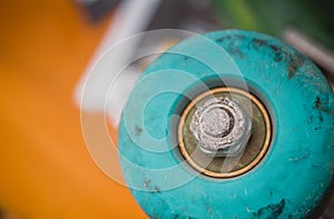 Blue wheels of a skateboard