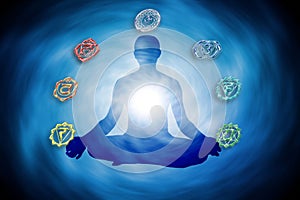 Blue whirl and seven chakras with a man in yoga meditation