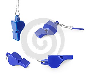 Blue whistle with cord isolated on white, set