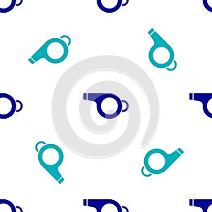 Blue Whistle icon isolated seamless pattern on white background. Referee symbol. Fitness and sport sign. Vector