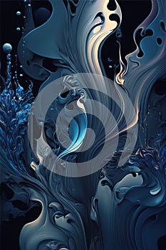 a blue and white abstract painting with water droplets and bubbles on it\'s surface