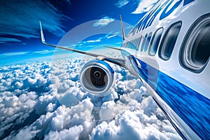A blue and white airplane flying above the clouds