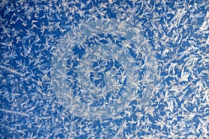 Blue a white background from frosty pattern at a window