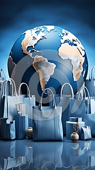 Blue and white background with a world map encircled by shopping bags