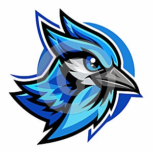 A blue and white bird with a black beak perched on a branch, Blue Jay Bird Logo Mascot, Dynamic Vector