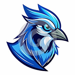 A blue and white bird with a black beak perched on a branch, Blue Jay Bird Logo Mascot, Dynamic Vector