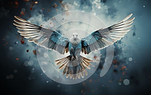 Blue and white bird flying through the air. Generative AI